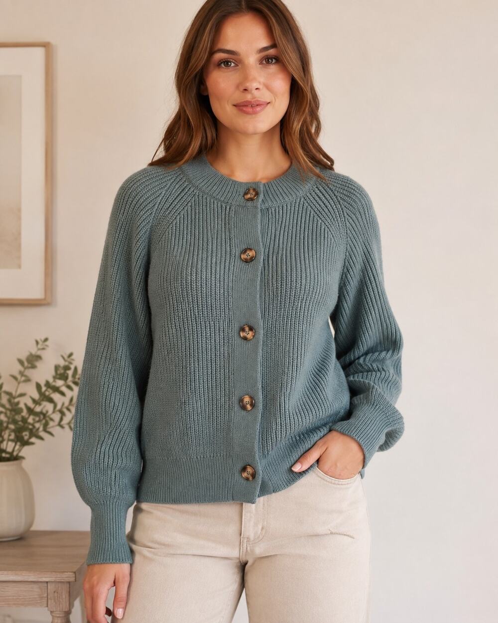 Banana Republic Women's Chunky Knit Button Front Cardigan, Green, Sz Large